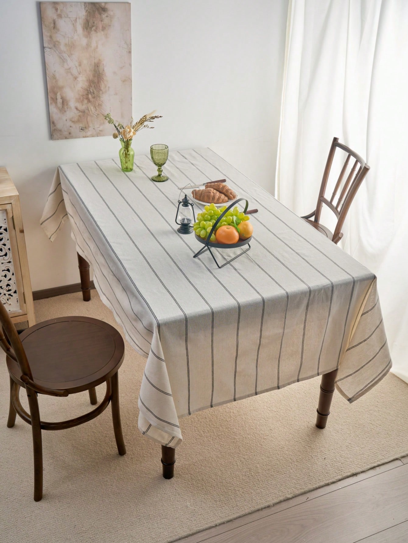 Desk Setup Wallpaper - 1pc Black Striped Woven Tablecloth, Minimalist