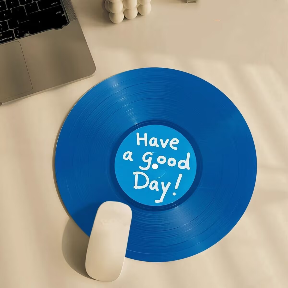 Desk Setup Blue - Non-Slip Round Mousepad Vintage Vinyl Record