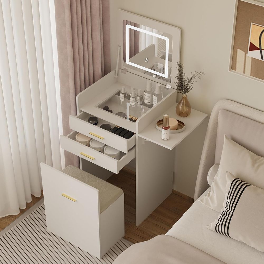Desk Setup Small Space - 3-in-1 Vanity Desk Set, Flip-top Mirror