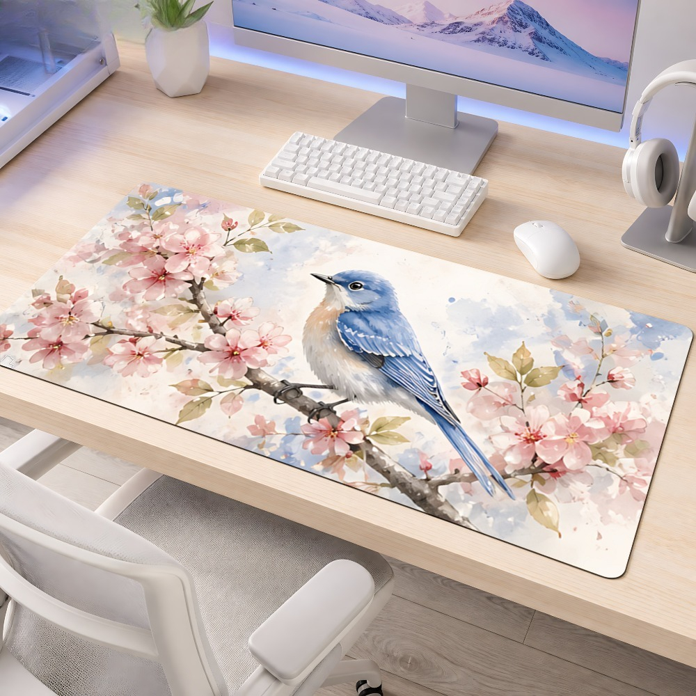 Desk Setup Blue - Blue bird and pink cherry blossom